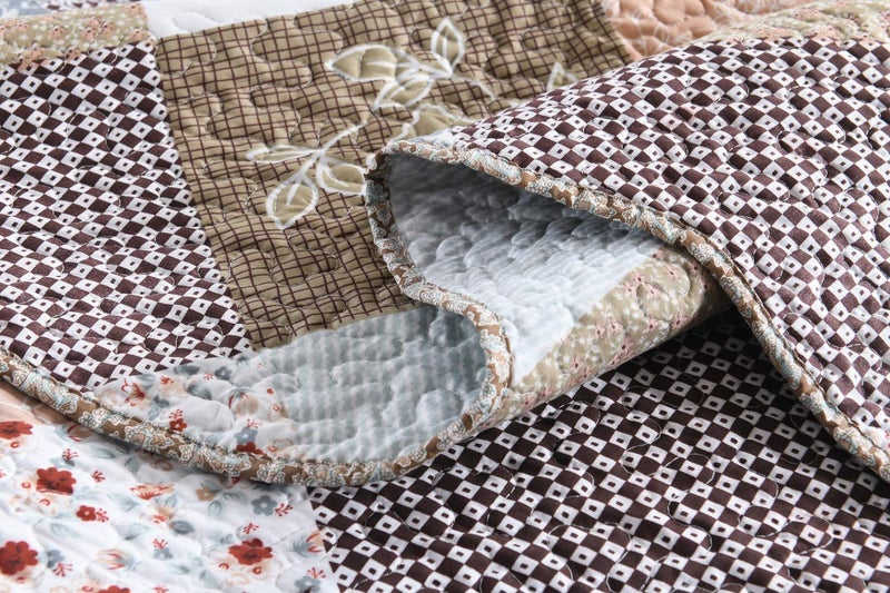 Travan 3-Piece King Quilt Set Quilted Bedspread Lightweight Reversible Coverlet Set Floral Printed Quilted Bedding Set with Shams for All Season, Brown Floral, King Size - Image 5